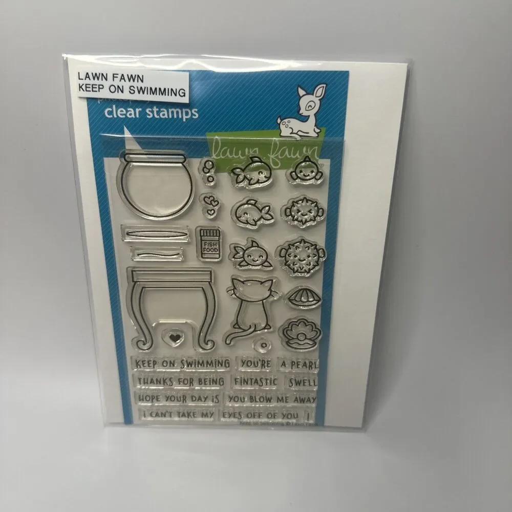 Lawn Fawn Clear Stamp Set Keep On Swimming Cat Fish tank aquarium sentiments